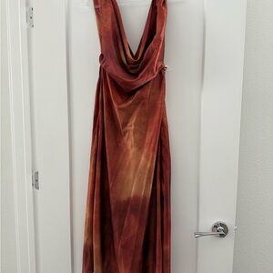 Tye dye Red Orange Sleeveless Cowl Neck Gown